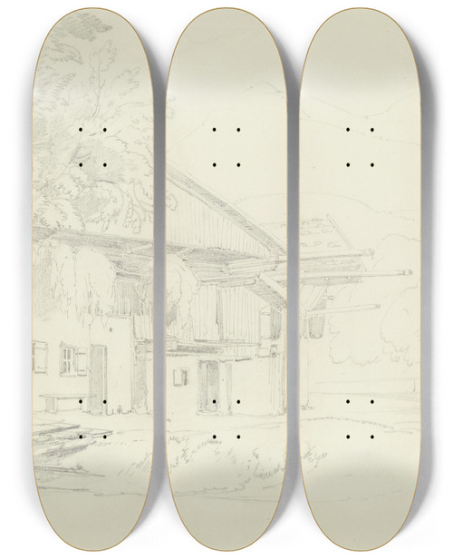 Triptych art skateboard deck of Fritz Bamberger Farmstead In Partenkirchen by Fritz Bamberger (1814-1873)