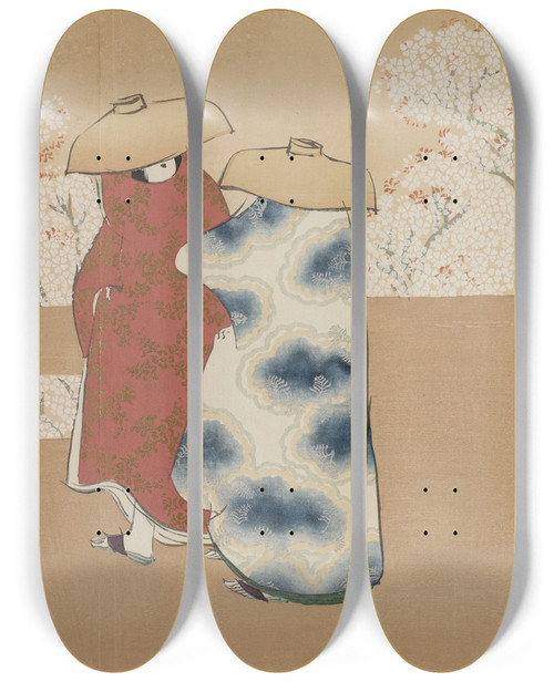 Triptych art skateboard deck of Kamisaka Sekka The Third Month Yayoi by Kamisaka Sekka (1866-1942)