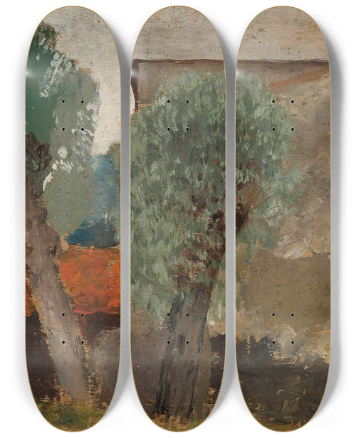 Triptych art skateboard deck of Tadeusz Makowski Fragment Of A House With Two Trees by Tadeusz Makowski (1882-1932)