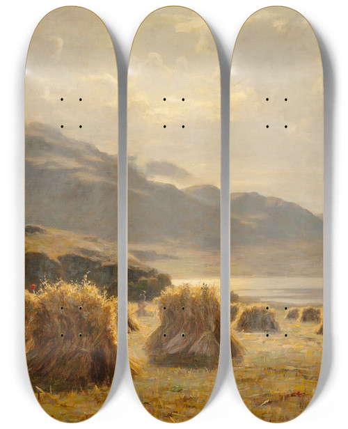 Triptych art skateboard deck of Duncan Cameron A Highland Harvest by Duncan Cameron (1837-1916)