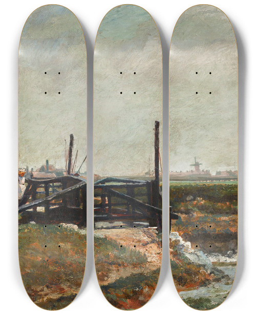 Triptych art skateboard deck of John William Buxton Knight On The Marshes by John William Buxton Knight (1842-1908)
