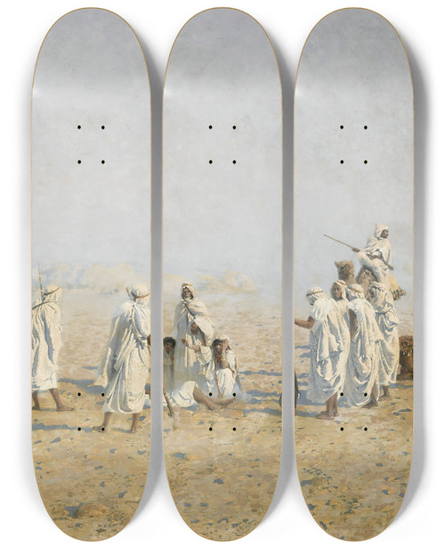 Triptych art skateboard deck of Adolf Meckel Von Hemsbach Bedouins In The Desert by Adolf Meckel Von Hemsbach (1856-1893)
