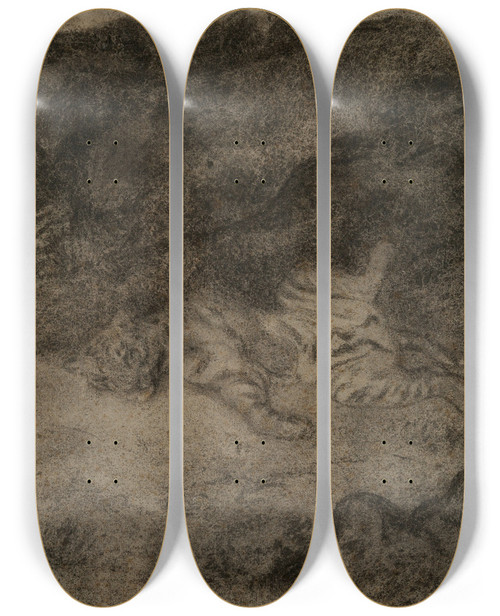 Triptych art skateboard deck of Antoinelouis Barye A Tiger Sprawling Among The Rocks by Antoine-Louis Barye (1796-1875)