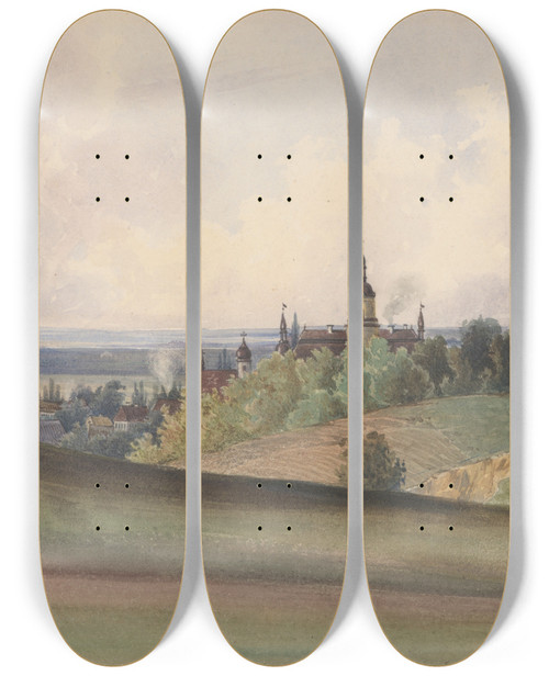 Triptych art skateboard deck of Friedrich Carl Von Scheidlin View Of Gross Herrlitz by Friedrich Carl Von Scheidlin (1822-1913)