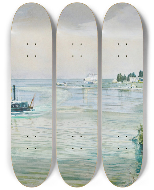 Triptych art skateboard deck of John William Inchbold Trait Montreux Lake Geneva by John William Inchbold (1830-1888)