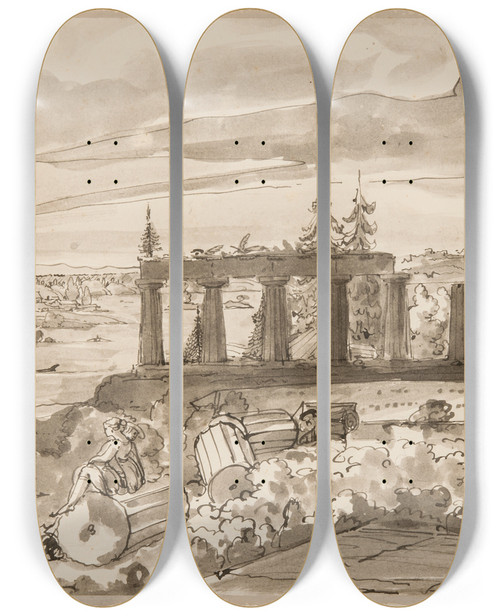 Triptych art skateboard deck of Carl August Ehrensvrd Nordic Landscape With Classical Temple Ruin by Carl August Ehrensvard (1745-1800)