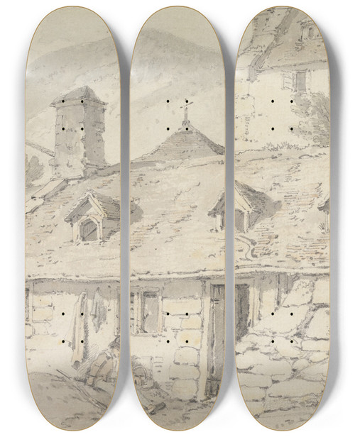 Triptych art skateboard deck of William Alexander Stone Cottages In A Mountainous Landscape With A Figure In The Foreground by William Alexander (1767-1816)