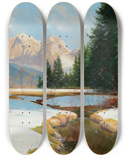 Triptych art skateboard deck of Toni Haller Salzburger Alpsview Of The Hoher Gll by Toni Haller (1907-1944)