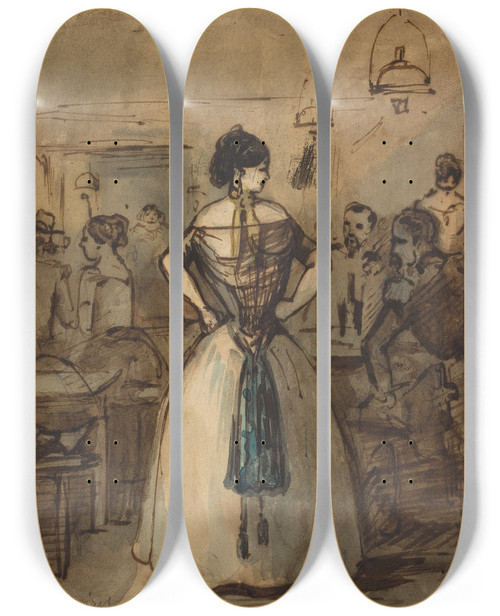 Triptych art skateboard deck of Constantin Guys Officers And Courtesans In An Interior by Constantin Guys (1805-1892)