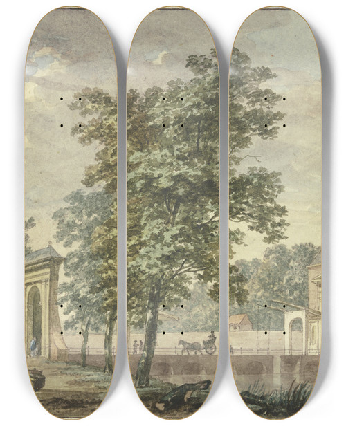 Triptych art skateboard deck of Hermanus Numan Stadttor Mit Trmchen Im Sommer Eine Lange Brcke Fhrt Ber Den Kanal Nach Einer Allee In Der Eine Equipage Fhrt by Hermanus Numan (1744-1820)