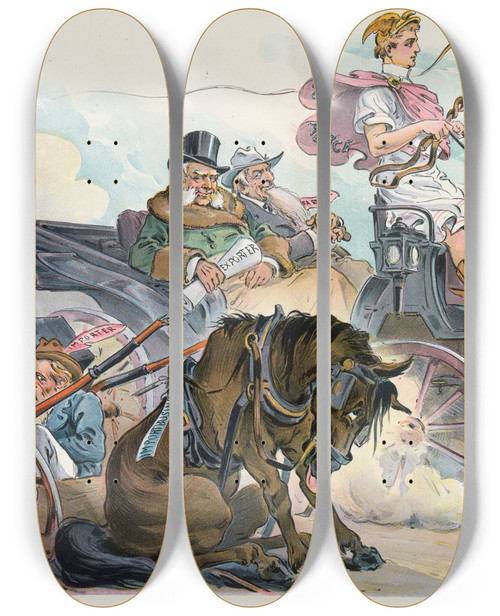 Triptych art skateboard deck of Udo Keppler Its Good Is Doubtful Its Harm Is Certain by Udo Keppler (1872-1956)