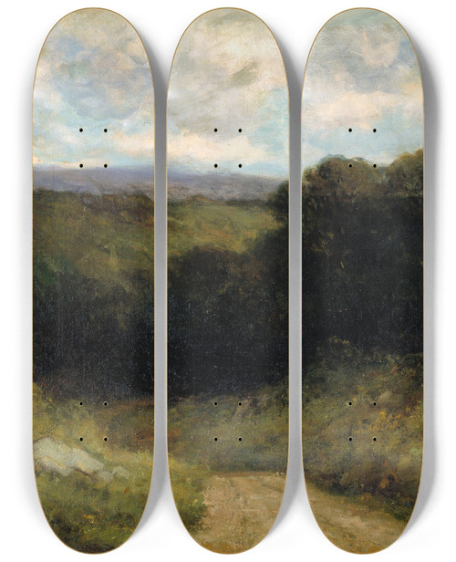 Triptych art skateboard deck of Edward Mitchell Bannister The Road To The Valley by Edward Mitchell Bannister (1828-1901)