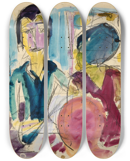 Triptych art skateboard deck of Albert Mller Children In The Parlor_1 by Albert Muller (1897-1926)