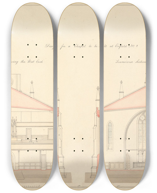 Triptych art skateboard deck of Lewis Vulliamy Design For A Chapel At Enfield Transverse Sections East And West End by Lewis Vulliamy (1791-1871)