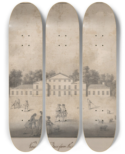 Triptych art skateboard deck of Joshua Kirby View Of The Palace From The Lawn At Kew by Joshua Kirby (1716-1774)