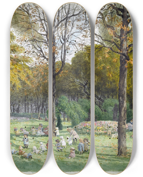 Triptych art skateboard deck of Flix Brard Les Petits Au Square De La Mairie Du Xivme Arrondissement by Felix Brard (19-20-)