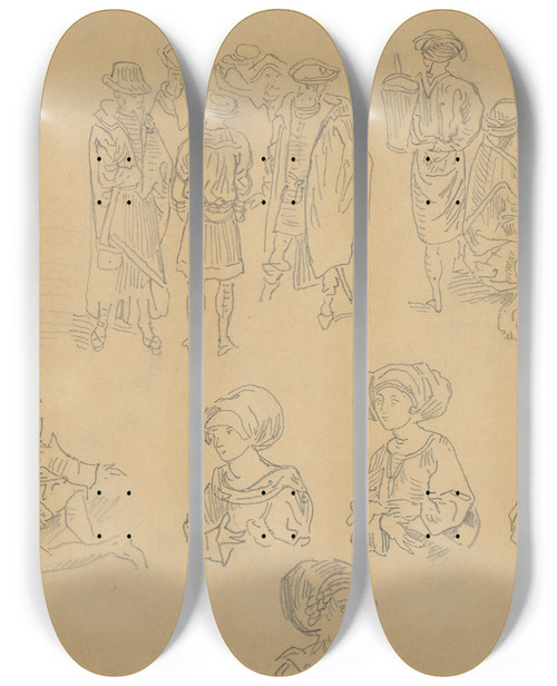 Triptych art skateboard deck of Eugne Delacroix Figures In Medieval Costume Tracings From The Nuremberg Chronicle by Eugene Delacroix (1798-1863)