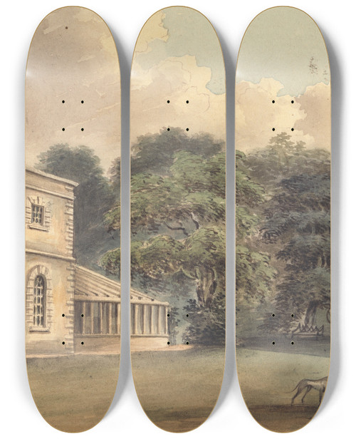 Triptych art skateboard deck of John Hassell Pitpalace Epsom The Seat Of Thomas Jeudwine Esq by John Hassell (1767-1825)