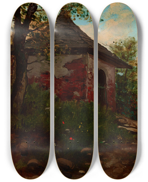 Triptych art skateboard deck of Seweryn Bieszczad Landscape With A Wayside Shrine by Seweryn Bieszczad (1852-1923)
