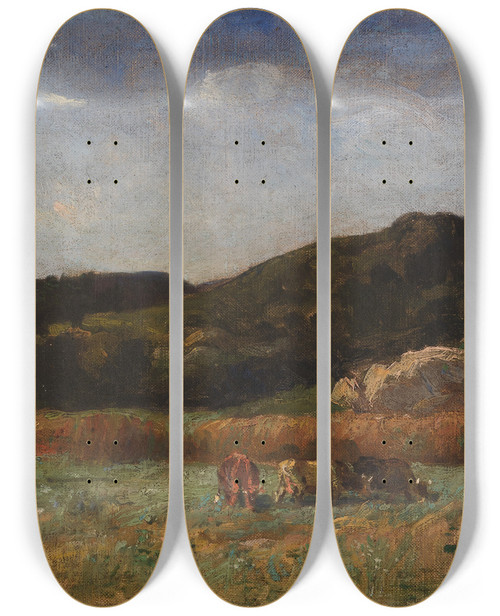 Triptych art skateboard deck of Edward Mitchell Bannister Untitled Landscape With Cows Grazing Hills by Edward Mitchell Bannister (1828-1901)