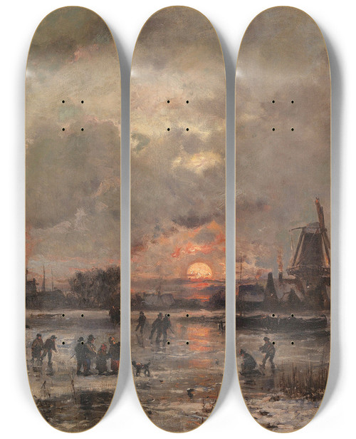 Triptych art skateboard deck of Adolf Stademann Wintervergngen Am Zugefrorenen Flu by Adolf Stademann (1824-1895)