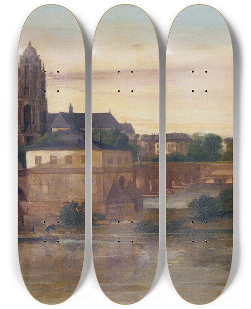 Triptych art skateboard deck of Gustave Courbet View Of Frankfurt With The Old Bridge From Sachsenhausen by Gustave Courbet (1819-1877)