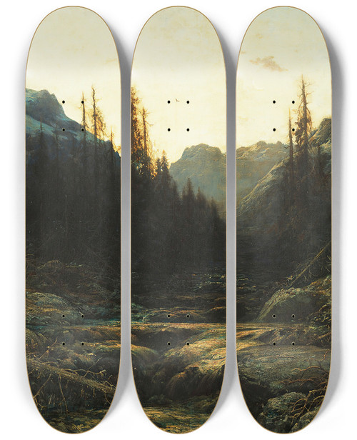 Triptych art skateboard deck of Gustave Dor Stream In Mountains At Dusk by Gustave Dore (1832-1883)