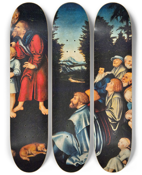 Triptych art skateboard deck of Lucas Cranach The Elder The Miracle Of The Five Loaves And Two Fish by Lucas Cranach The Elder (1472-1553)