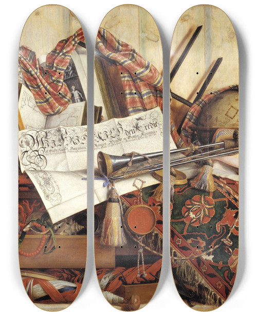 Triptych art skateboard deck of Cornelius Norbertus Gijsbrechts Trompe Loeil With Trumpet Celestial Globe And Proclamation By Frederik Iii by Cornelius Norbertus Gijsbrechts (1630-1675)