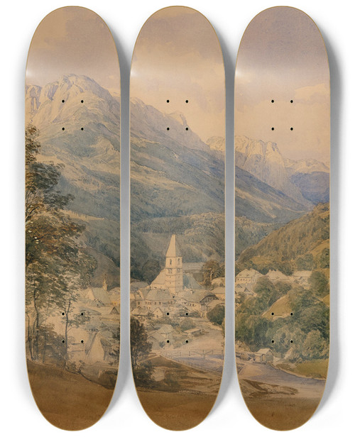 Triptych art skateboard deck of Josef Hger A View Of Bad Aussee by Josef Hoger (1801-1877)