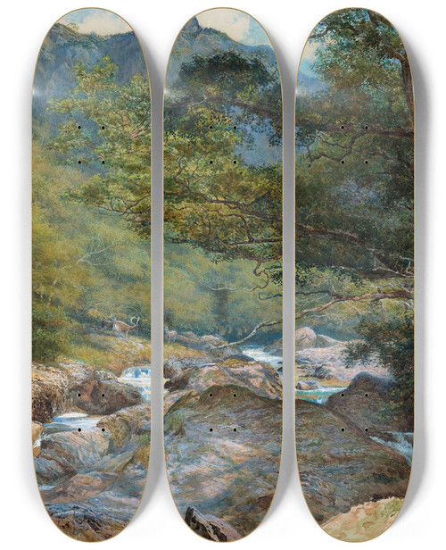 Triptych art skateboard deck of William Henry Millais On The East Lyn North Devon by William Henry Millais (1828-1899)
