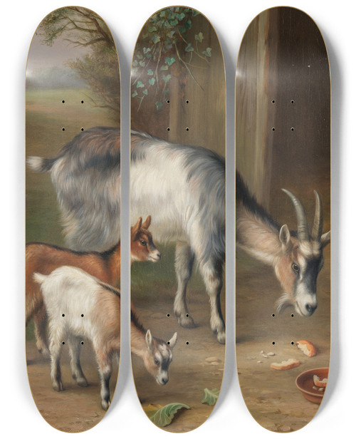 Triptych art skateboard deck of Edgar Hunt Goats And Chickens In A Farmyard by Edgar Hunt (1876-1953)