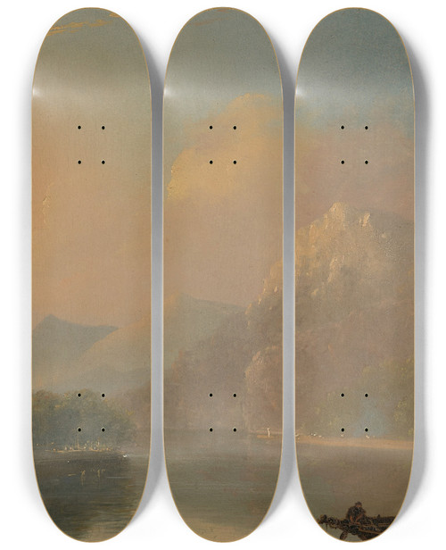 Triptych art skateboard deck of William Hodges Waterfall In Dusky Bay With Maori Canoe by William Hodges (1744-1797)