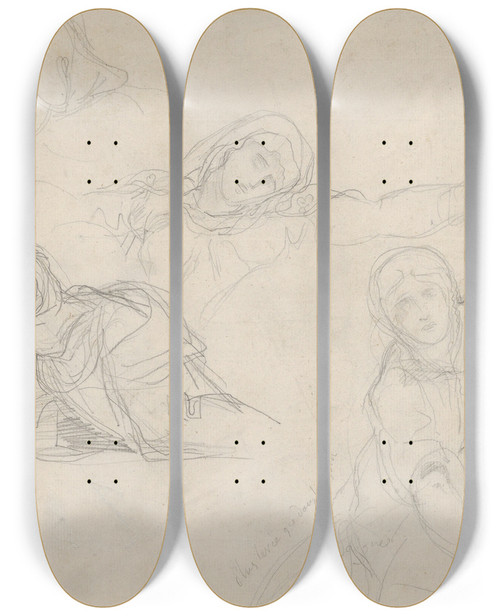 Triptych art skateboard deck of Eugne Delacroix Studies Of The Virgin And Holy Women For The Lamentation by Eugene Delacroix (1798-1863)