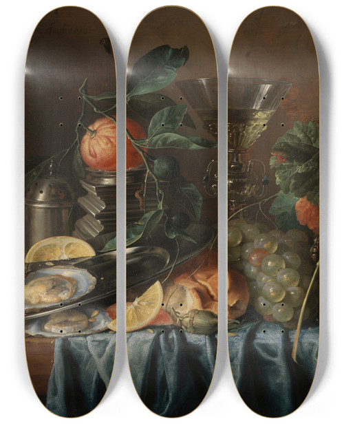 Triptych art skateboard deck of Jan Davidsz De Heem Still Life With Oysters And Grapes by Jan Davidsz de Heem (1606-1684)