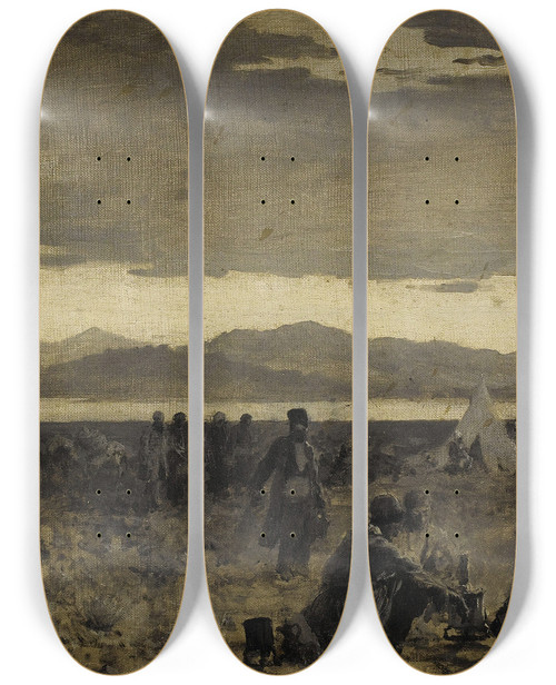 Triptych art skateboard deck of Edwin Lord Weeks Early Morning Camp Near The Shore Of Lake Urumiyah by Edwin Lord Weeks (1849-1903)
