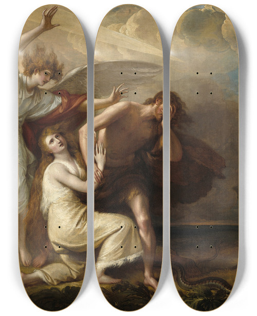 Triptych art skateboard deck of Benjamin West The Expulsion Of Adam And Eve From Paradise by Benjamin West (1738-1820)