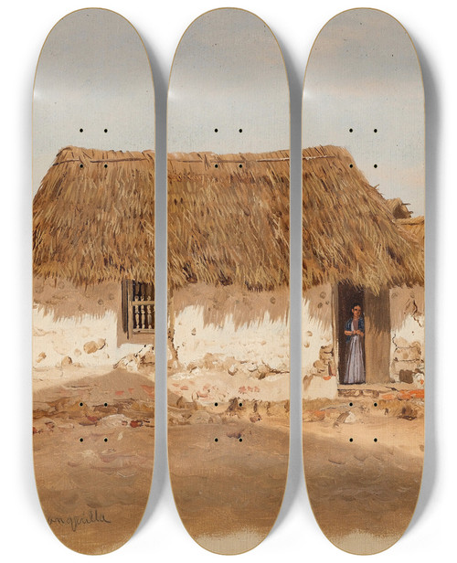 Triptych art skateboard deck of Frederic Edwin Church Two Houses In Barranquilla Colombia by Frederic Edwin Church (1826-1900)