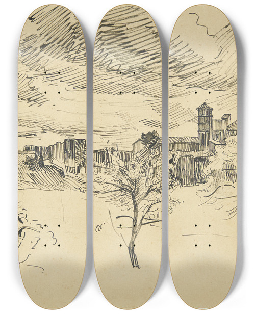 Triptych art skateboard deck of Peter Hansen Udenfor Roms Mure by Peter Hansen (1868-1928)
