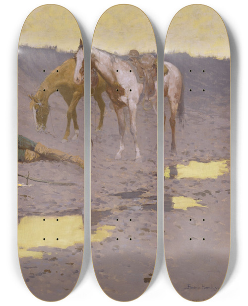 Triptych art skateboard deck of Frederic Remington A New Year On The Cimarron by Frederic Remington (1861-1909)
