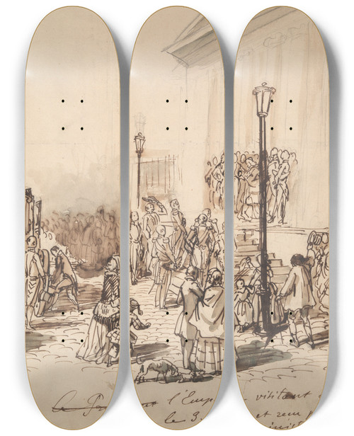 Triptych art skateboard deck of Constantin Guys Reception Of Emperor Napoleon Iii At The Hospital Hoteldieu by Constantin Guys (1805-1892)