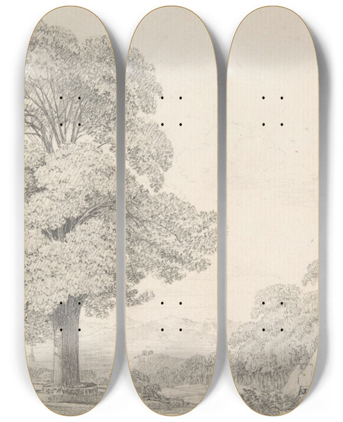 Triptych art skateboard deck of Eduard Gaertner Landscape With A Tree In Front Of A Villa_2 by Eduard Gaertner (1801-1877)