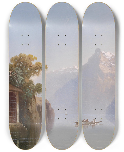 Triptych art skateboard deck of Hubert Sattler Tellkapelle Am Vierwaldstttersee by Hubert Sattler (1817-1904)