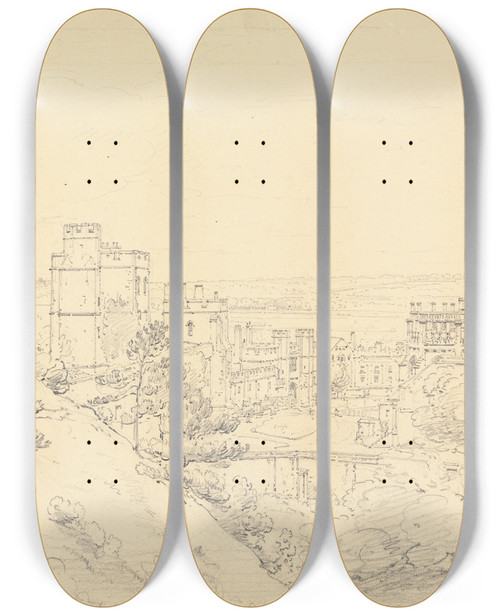 Triptych art skateboard deck of Henry Edridge Windsor Castle From The Glacis Of The Round Tower by Henry Edridge (1769-1821)