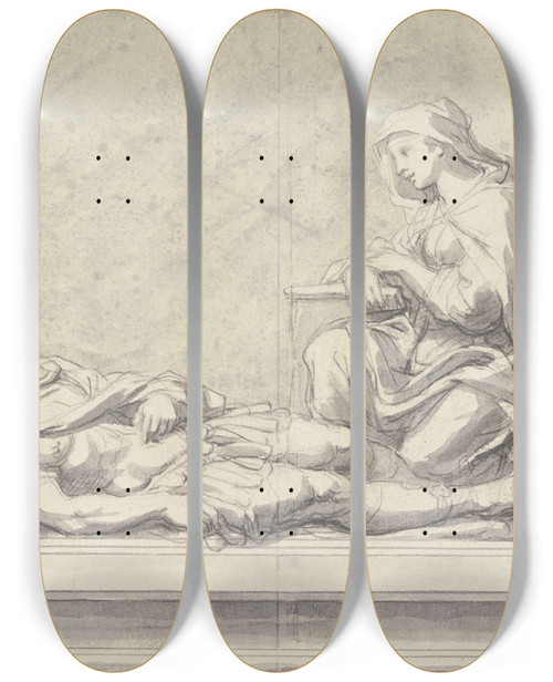 Triptych art skateboard deck of Charles Le Brun Grabmal Des Nicolas De Bautru Marquis De Vaubrun by Charles Le Brun (1619-1690)