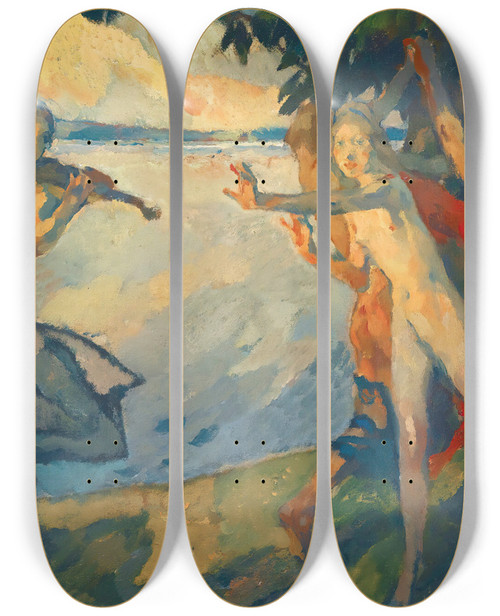 Triptych art skateboard deck of Leo Putz Reigenthe Dance by Leo Putz (1869-1940)