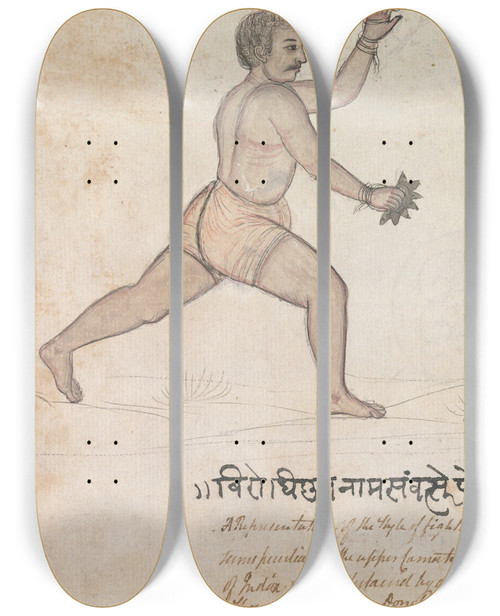 Triptych art skateboard deck of Gangaram Chintaman Tambat Two Jeyties Fighting by Gangaram Chintaman Tambat
