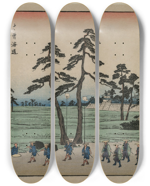 Triptych art skateboard deck of And Hiroshige Kan From The Series Sixtynine Stations Of The Kisokaid by Ando Hiroshige (1797-1858)