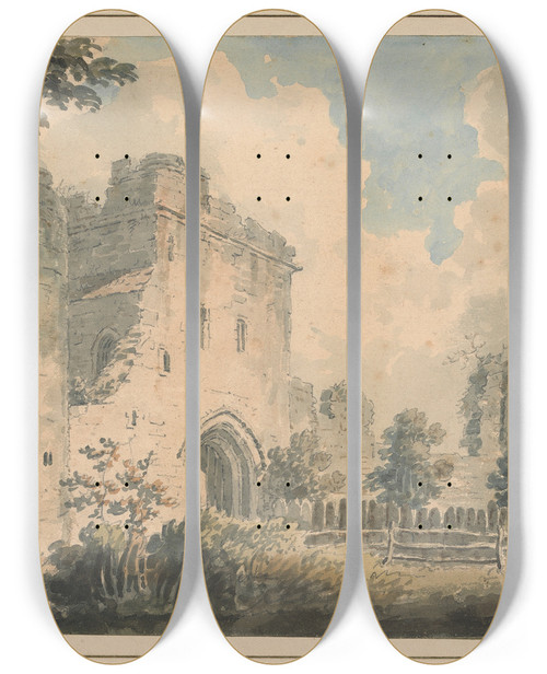 Triptych art skateboard deck of Edward Dayes The Keep Porchester Castle by Edward Dayes (1763-1804)