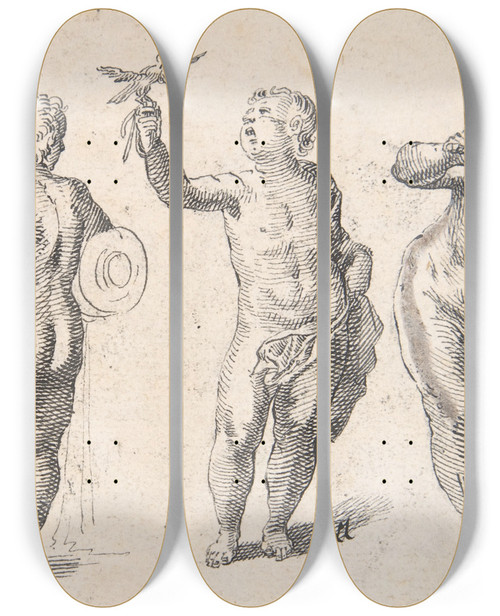 Triptych art skateboard deck of Rudolf Meyer Four Putti Representing The Four Elements by Rudolf Meyer (1803-1857)